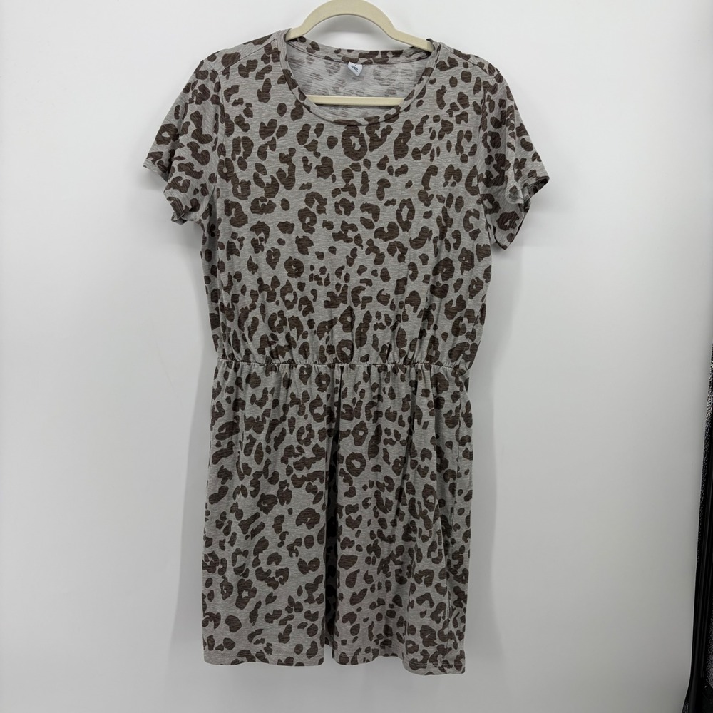 Old Navy Womens L Grey Leopard Print Short Sleeve Elastic Waist T-Shirt Dress